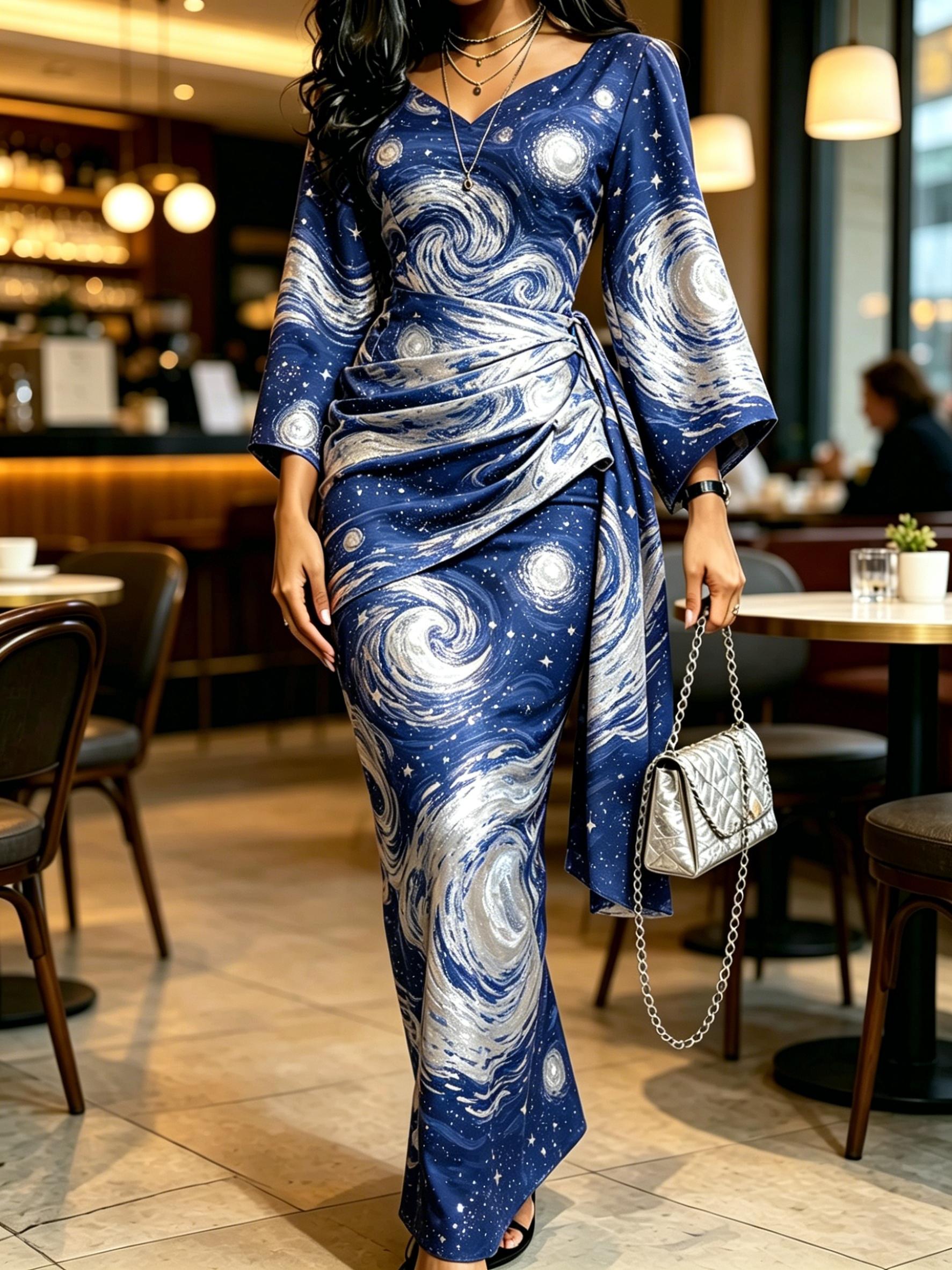 Women Blue Silver Starry Night Print Maxi Dress Kimono Sleeve V Neck Ruched Wrap Waist Bodycon Elegant Dress XS