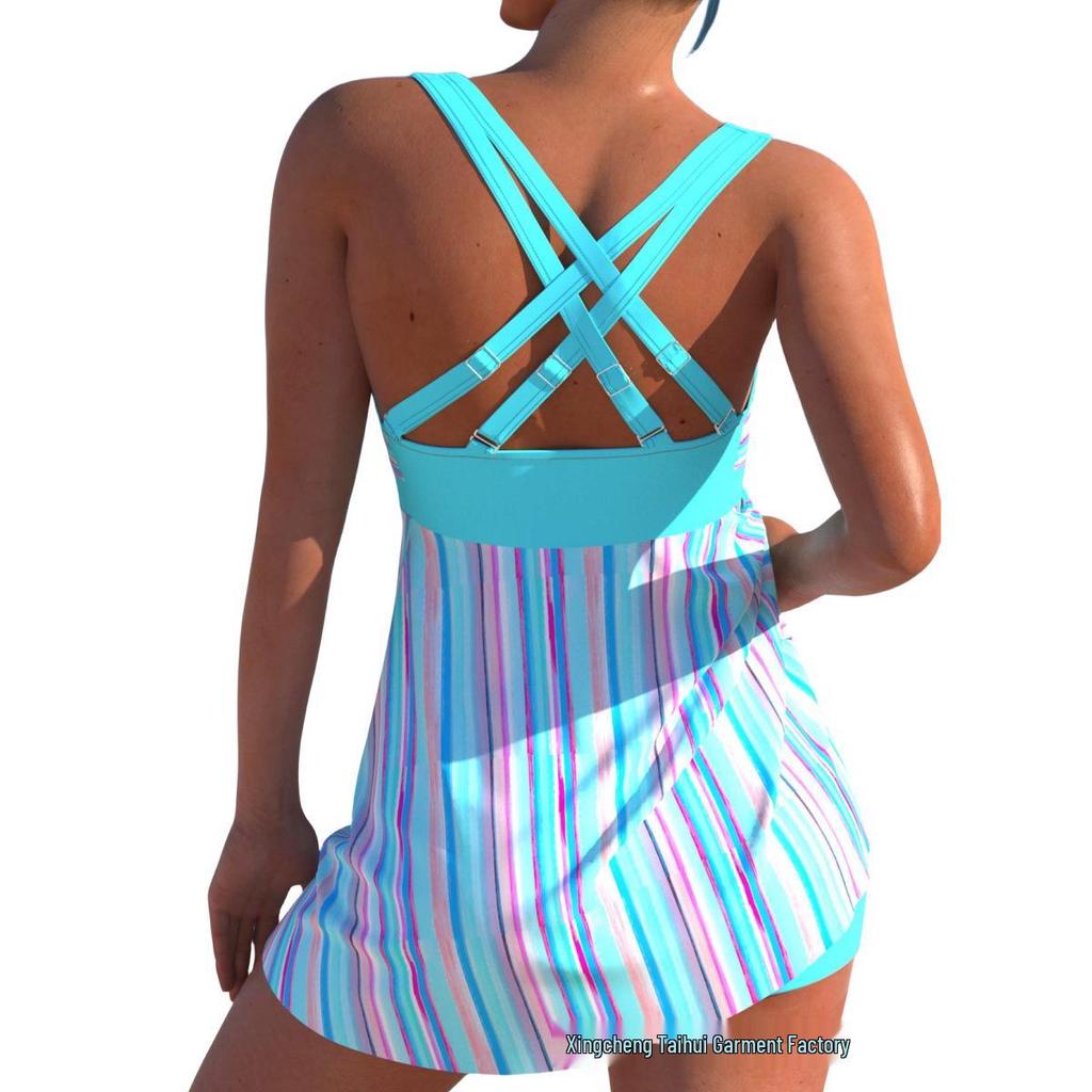 2025 Women's High Waist Tankini: Striped Print Two-Piece Skirt Swimsuit