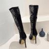 Fashion Liyke Summer Sexy Hollow Out Knee High Boots Sandals Women Solid Black Peep Toe Stiletto Heels Fashion After Zip Long Shoes Lady