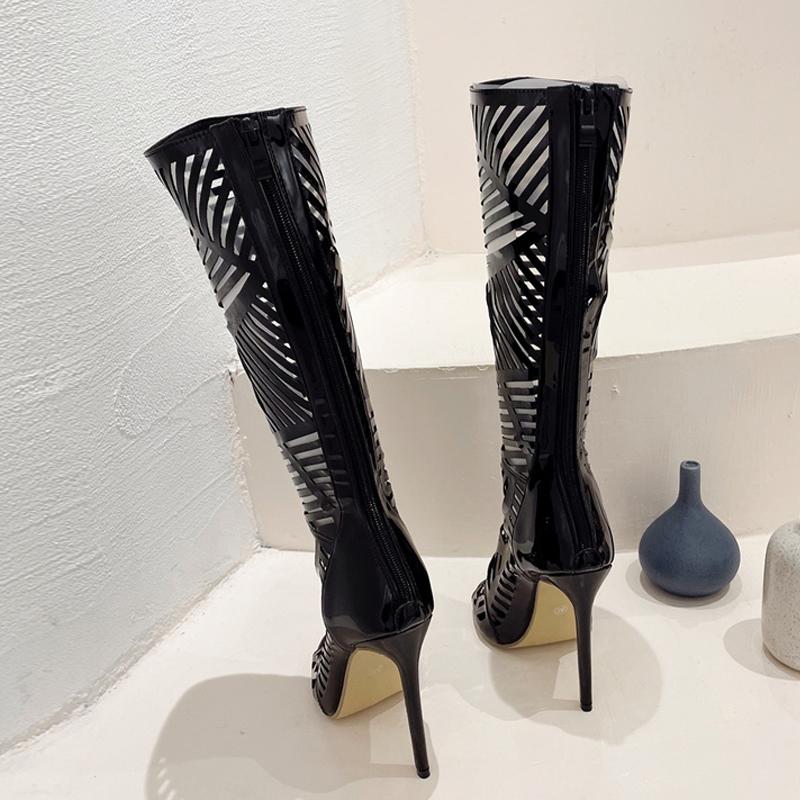 Fashion Liyke Summer Sexy Hollow Out Knee High Boots Sandals Women Solid Black Peep Toe Stiletto Heels Fashion After Zip Long Shoes Lady