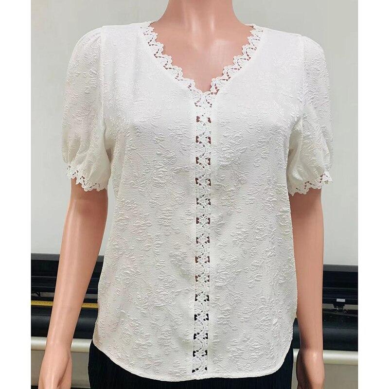 Summer Short Sleeve Tops Jacquard V-neck Lace Women Blouses Casual Hollow Elegant White Shirt Solid Vintage Korean Shirts 25718
