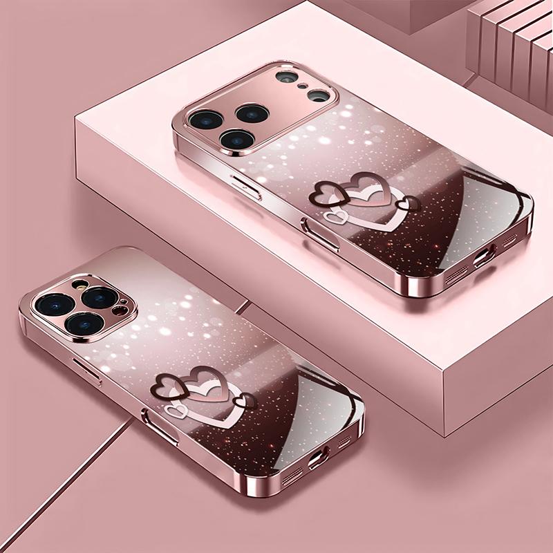 Love Heart Pattern Pink Metallic Tempered Glass Phone Case For iPhone 11 12 13 14 15 16 17 Pro Max 15 Plus 17 Air 16E Cover