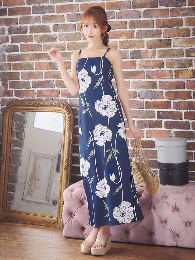 Tika Yukata Perfect for Summer Includes and Navy Blue with Poppy Set Women's Set, Festivals, Dress, Haori, Obi, Pattern, 3-Piece (tk-ykop24-t002)
