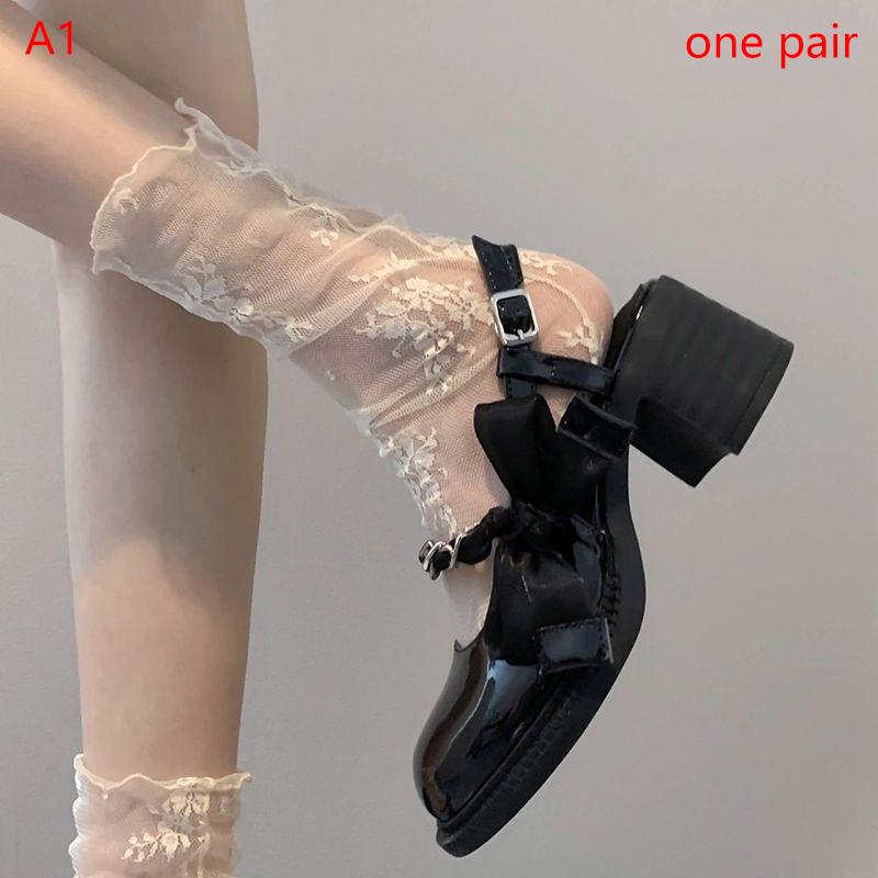 Summer Women Ultra Thin Floral Sexy Transparent Ice Glass Filament Long Tube Korean Lace Medium Tube  Socks Lolita Socks