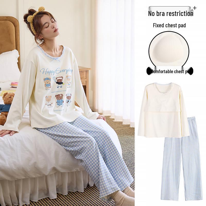 

Women s Long-Sleeve Cotton Pajamas with Chest Pads - Cute Cartoon Pullover, Round Neck, Suitable for Outdoor Wear XXL