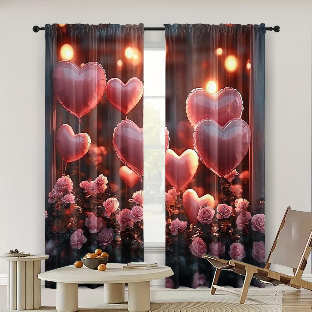 2pc,  Valentine's Day Window Treatment Curtains Romantic Heart Theme Roses Durable Polyester,Without Electricity Spring Party &