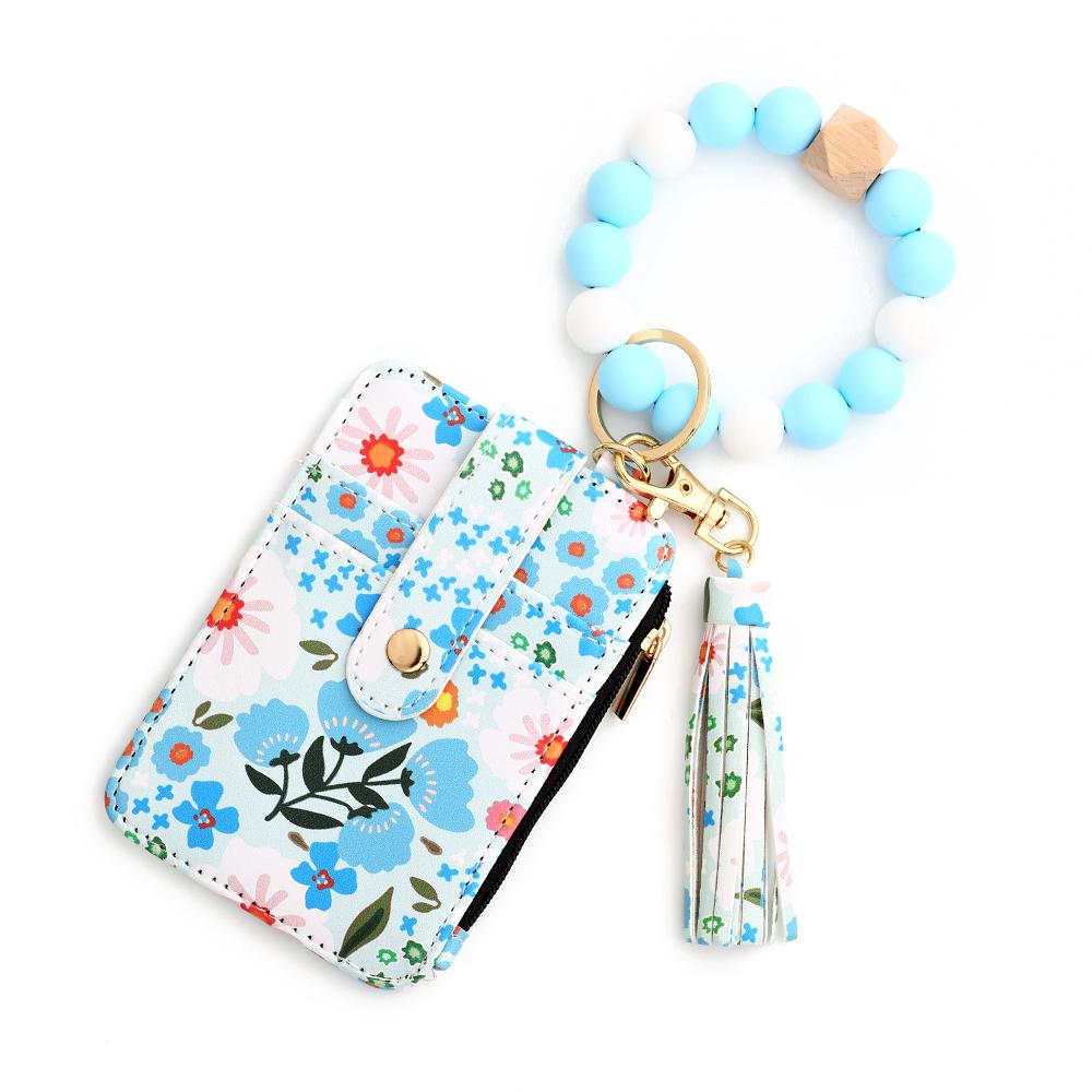 Silicone Bead Bracelet & Leather Card Holder Set - Business Gift Pack with  Keychain & Printed ID Bag