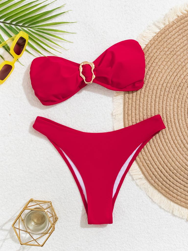Solid Color Strapless Bandeau Sexy Split Bikini Swimsuit Women's Swimwear