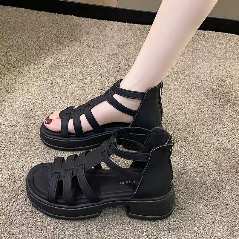 Soft Leather Roman Sandals Internet Celebrity Women's Sandals New Summer Flat Sandals Women's Hollow Outer Wear Skirt Roman Shoes