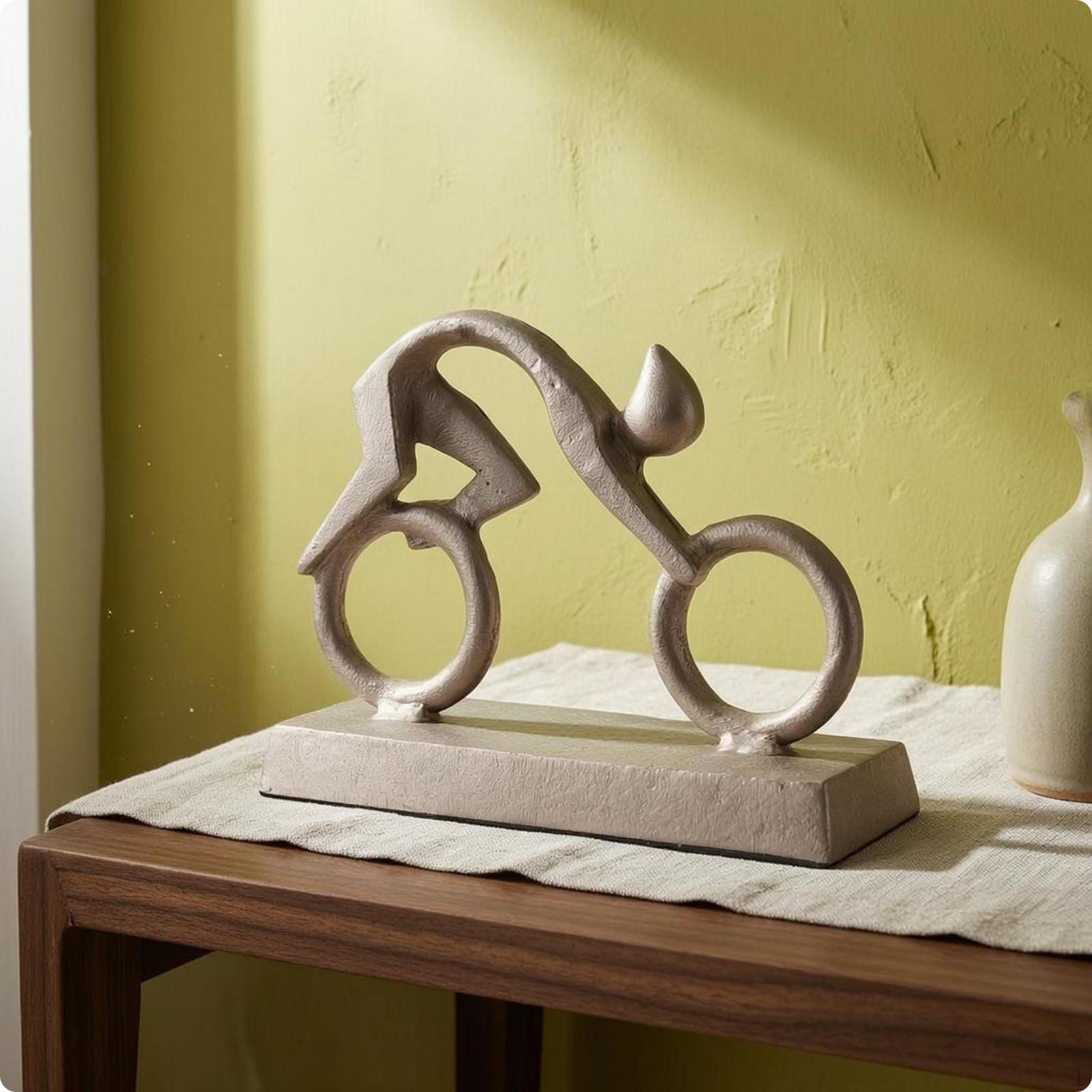 Abstract Cyclist Sculpture Shiny Metal Figurine Finish Biking for Art Lovers,