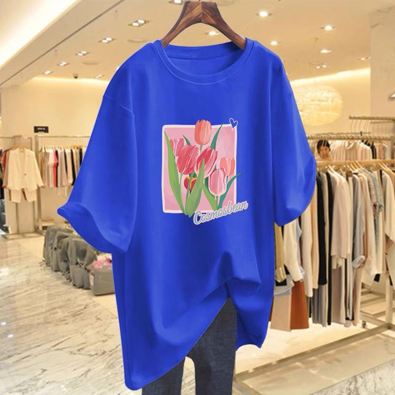 Loose flower print short-sleeved t-shirt women's new fashion alphabet top bottoming shirt