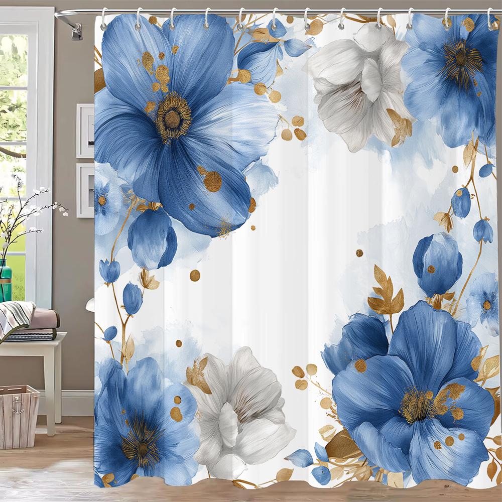 

Beautiful Blue Flowers Shower Curtain, Bathroom Decorative Curtain, Printed Floral Polyester Home Curtain With Hooks W60H190(CM)-1 Pcs