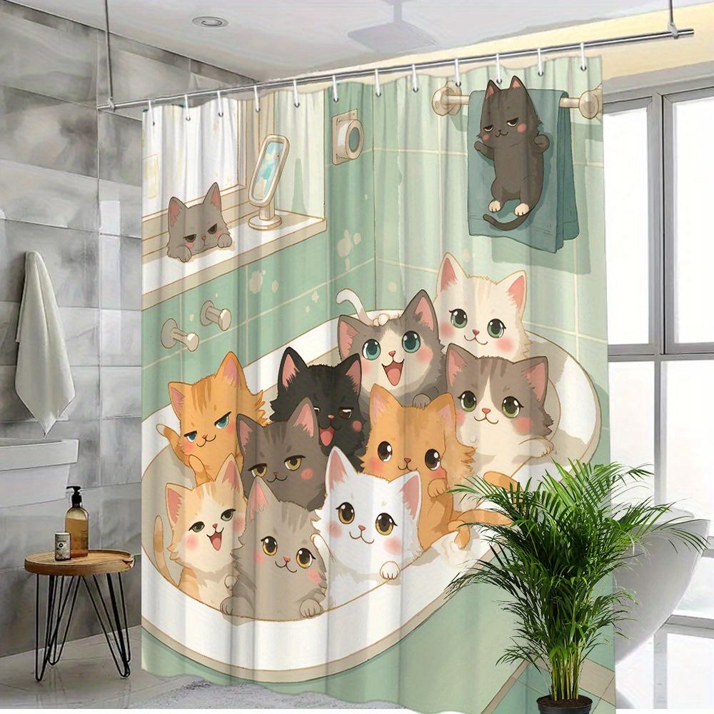 Cute Cartoon Kitten Shower Curtain Multiple Cats Crowded In Bathtub Lovely Orange Grey White Black Pet Green Tile Bathroom Backg