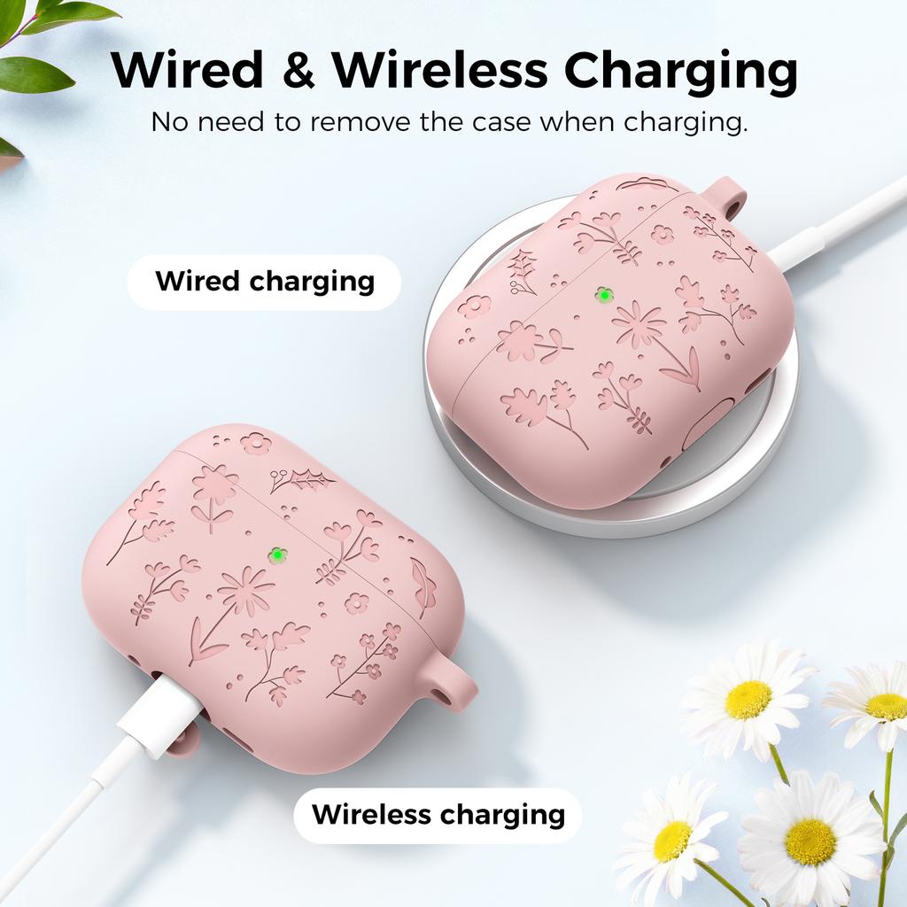 AHASTYLE WG186 For AirPods Pro 3 Embossed Floral Pattern Silicone Case Protective Cover with Hook