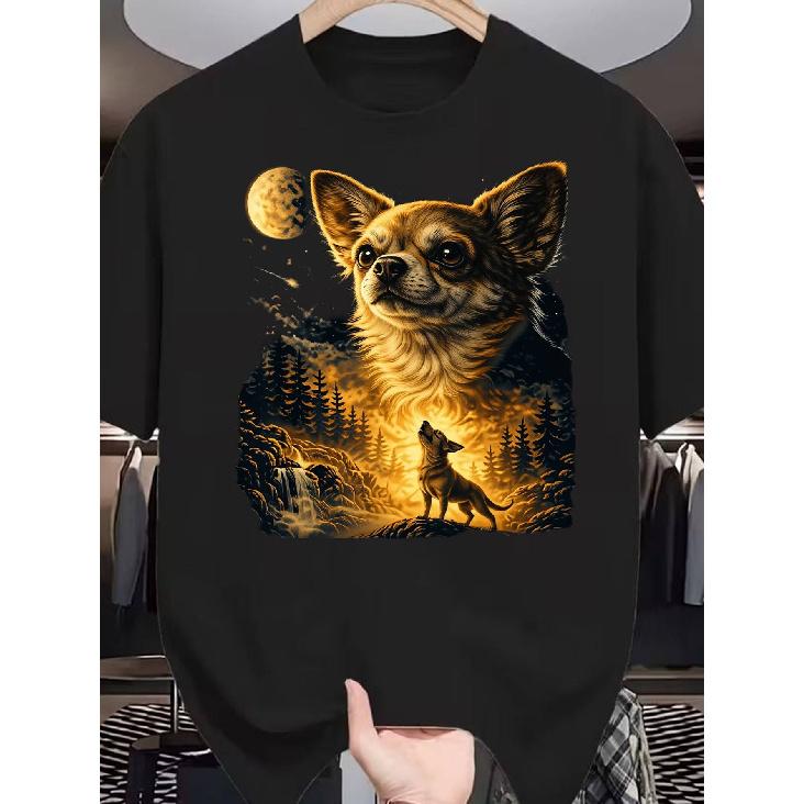 Maglietta Vintage Divertente Chihuahua che Ulula alla Luna per Uomo e Donna - Manica con Stampa Chihuahua Retro, Maglietta Girocollo Casual Streetwear per, Macchina