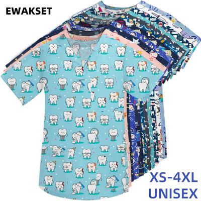 Uniforme de muncă de spital Medicină imprimeu dinți Bluză cu decolteu în V pentru îngrijire medicală Uniforme pentru clinică dentară Asistentă medicală Topuri pentru scrub cu mânecă scurtă