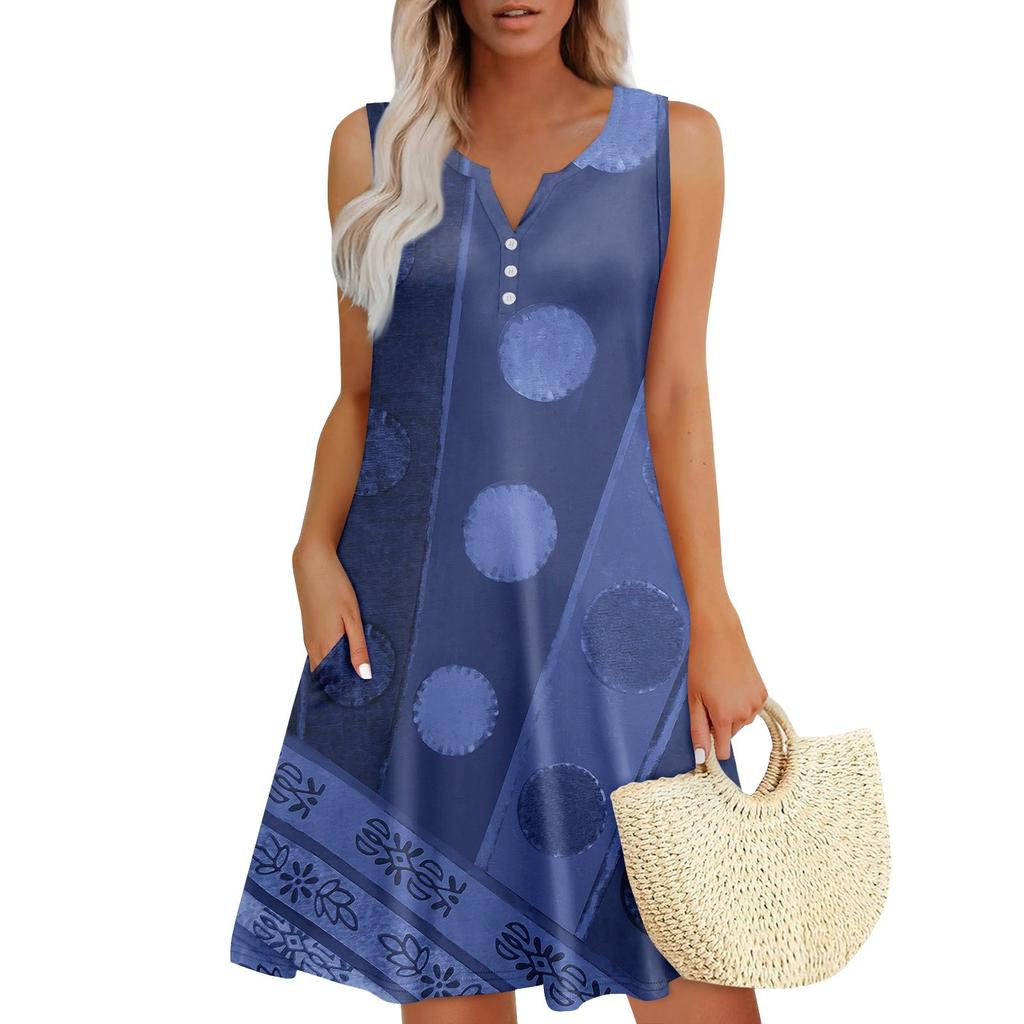Damen Sommerkleider Lockeres V-Ausschnitt Ärmelloses Sommerkleid Kleid Mit Taschen