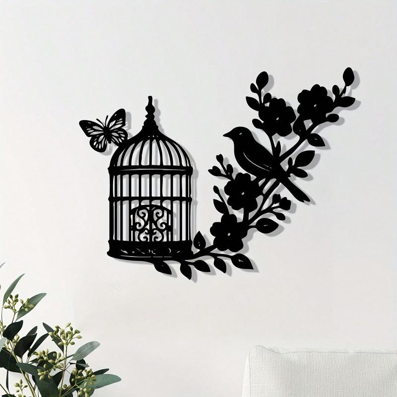 Birdcage Bird Metal Wall Art Weather Resistant Iron Sculpture Garden Yard Decor Gift