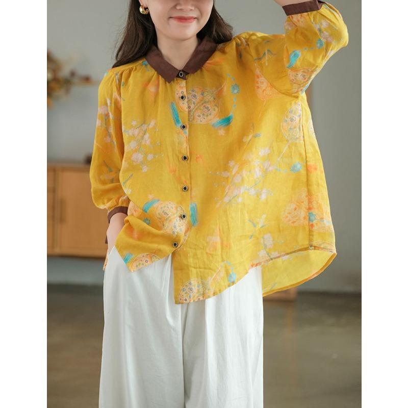 

Womens Floral Print Color Block Collar 3/4 Sleeve Linen Shirt M жёлтый