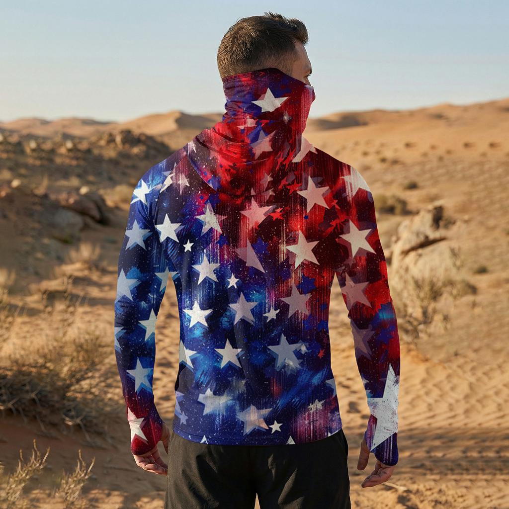 Men's Casual Raglan Sleeve Hooded Long Sleeve Sun Protection Shirt with Graphic Print for Outdoor Sports and Activities