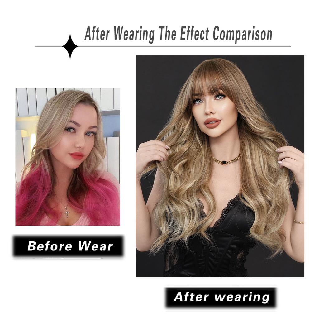Women's Simulation Wig 68cm Hair Brown Wig Long Curly Wig Full Headgear Rose Hair Net Headdress Beauty Decoration Wig