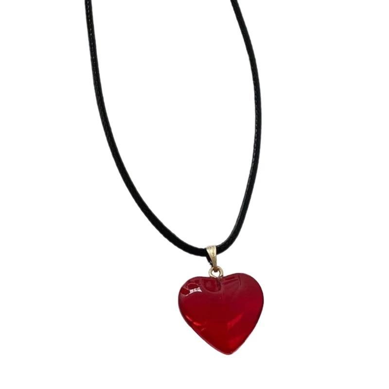 

Colorful Big Heart Shape Pendant Necklace Simple Transparent Glass Puffy Love Heart Beaded Clavicle Chain Necklace BigLove Heart