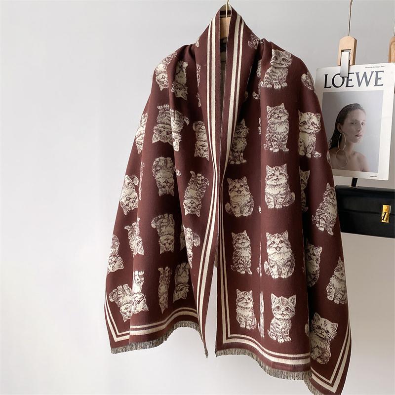 

Зимний кашемировый шарф Пашмина Шали Роскошный принт кошки Женский теплый плед Накидки Женский фуляр Бренд Толстый хиджаб Столы 2024