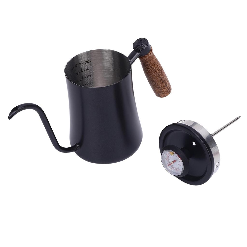 600ML Coffee Brewing Pot 304 Stainless Steel Water Pot with Temperature Meter Wood Handle   Spout