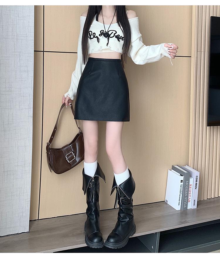 Women's Matte PU Leather Mini Skirt, High Waist A-Line, Slim Fit, Anti-Exposure, Autumn/Winter 2026 Style