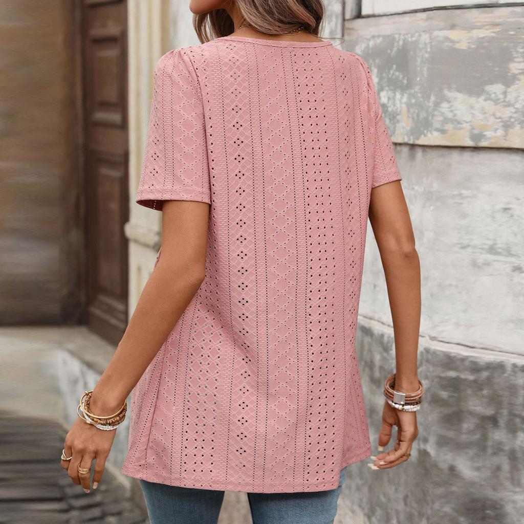 Women’s Short Sleeve Square Neck Eyelet Embroidered Button Front Loose Fit Casual Tunic Top for Daily Wear