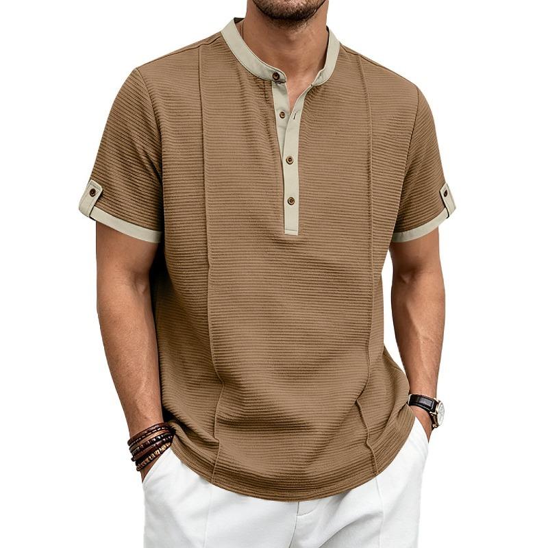 Mens American Retro Textured Henley Short Sleeve Casual Loose Vacation Commuter T Shirt