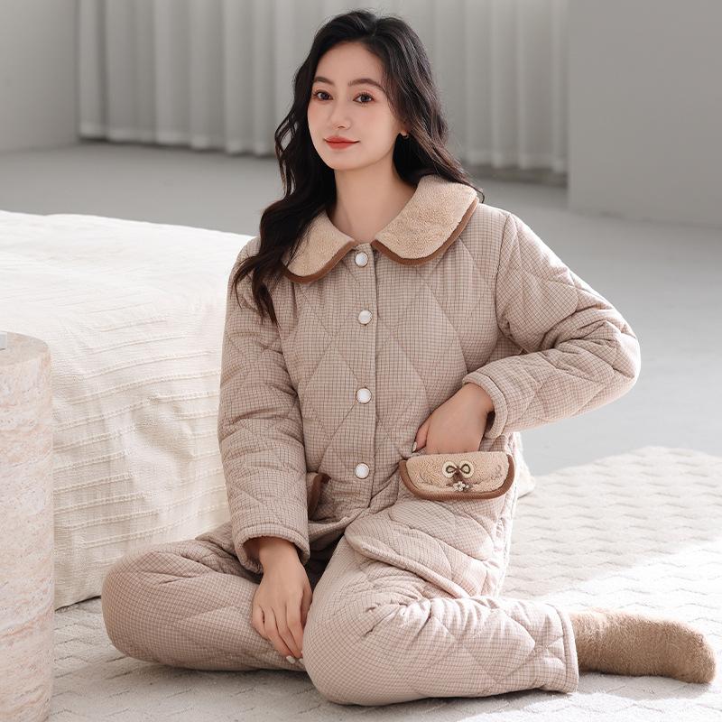 Pajamas Women'S Winter Three-Layer Thickened Velvet Woven Cotton Padded Autumn And Winter Models Can Be Worn Outside Warm Loungewear Set