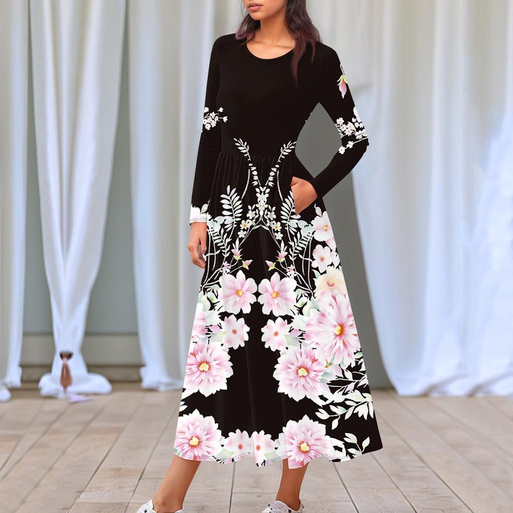 Dámské květinové šaty midi boho s přechodovým potiskem ležérní šaty s dlouhým rukávem splývavé, splývavé šaty s svátečními šaty do kapsy pro ženy