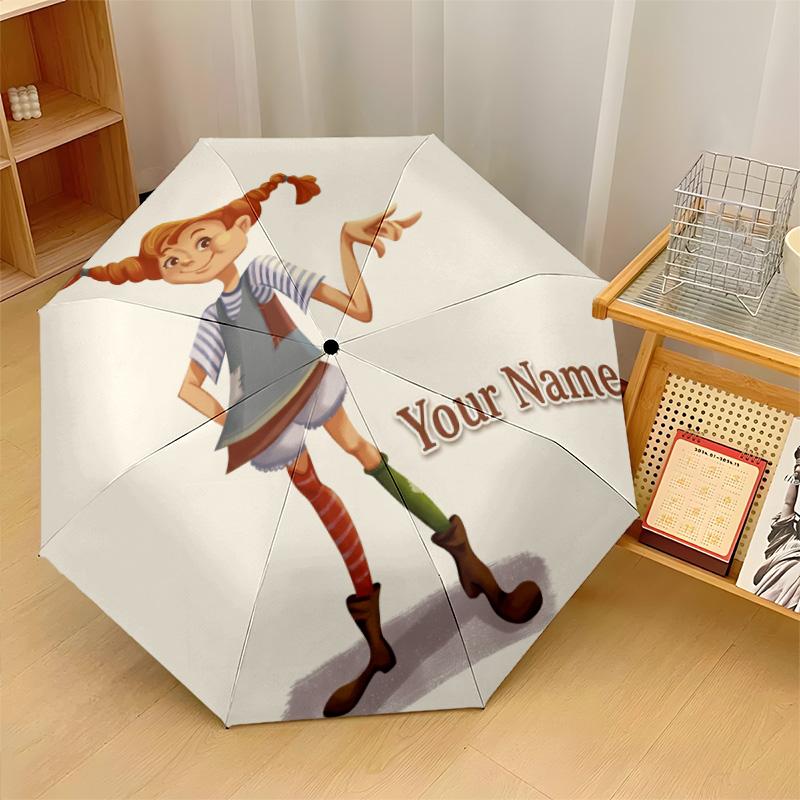 Custom Text Automatic 8 Bone Umbrella, Portable Sun Rain Protection UmbrellaPippi Longstocking