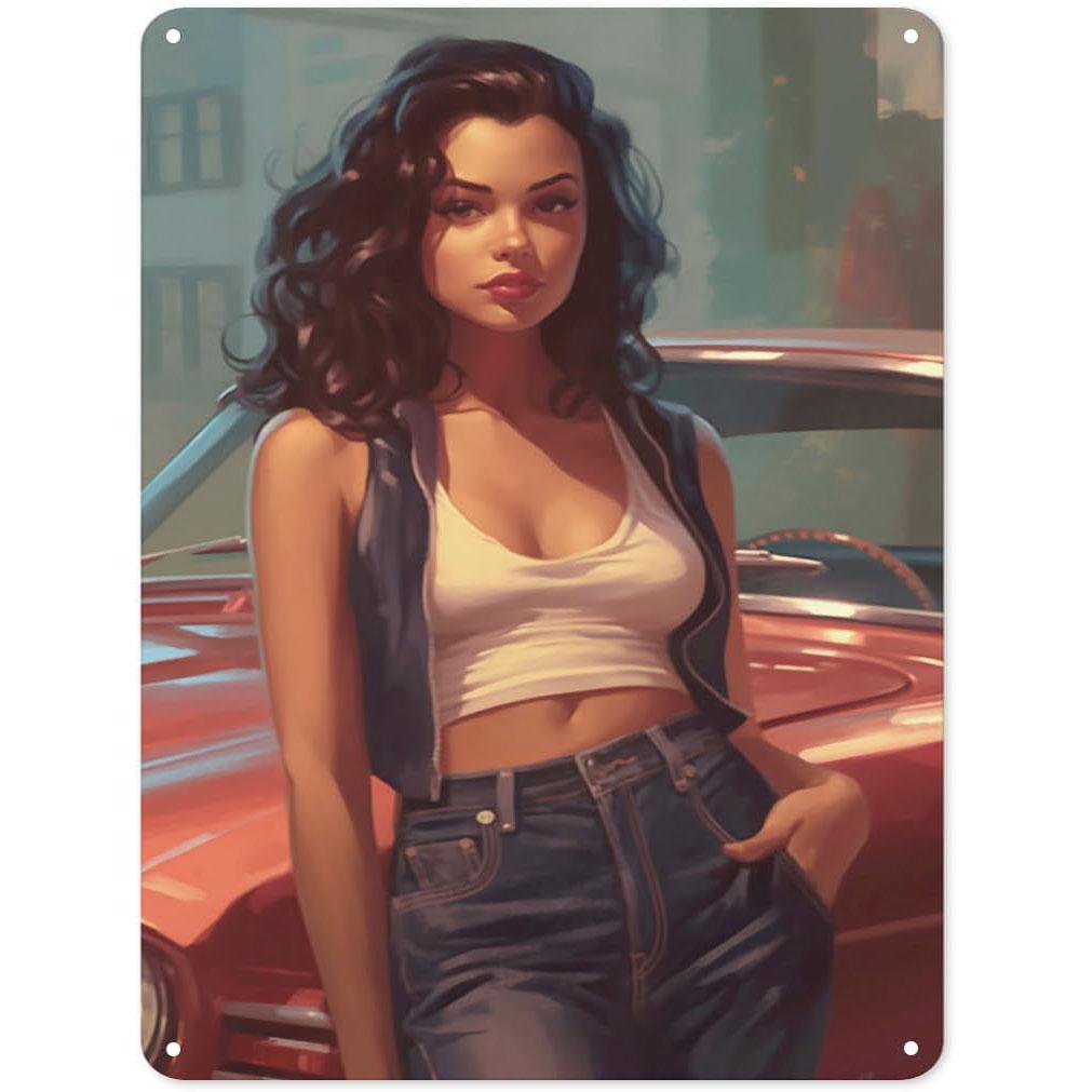 

Pinup Car Girls Metal Tin Signs Plaque Wall Decoration Vintage Art Posters Iron Painting for Man Cave Home Cafe Garden Club B 20x30cm