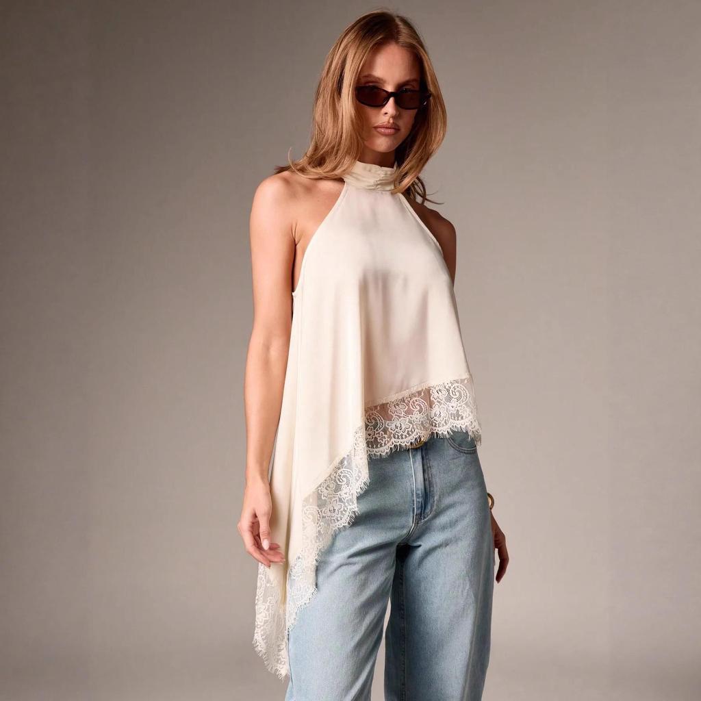 2026 Women's Asymmetrical Halter Neck Satin Vest with Lace Trim