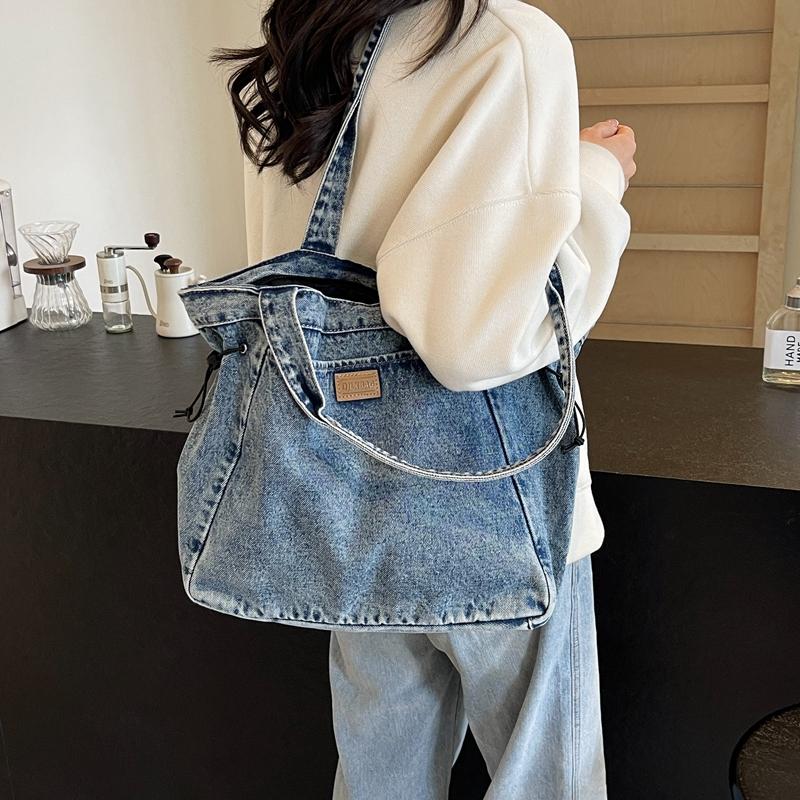 Washed Retro Denim Bag for Women  Versatile  Large Capacity  Shoulder Bag with Cord  Lazy New Bag