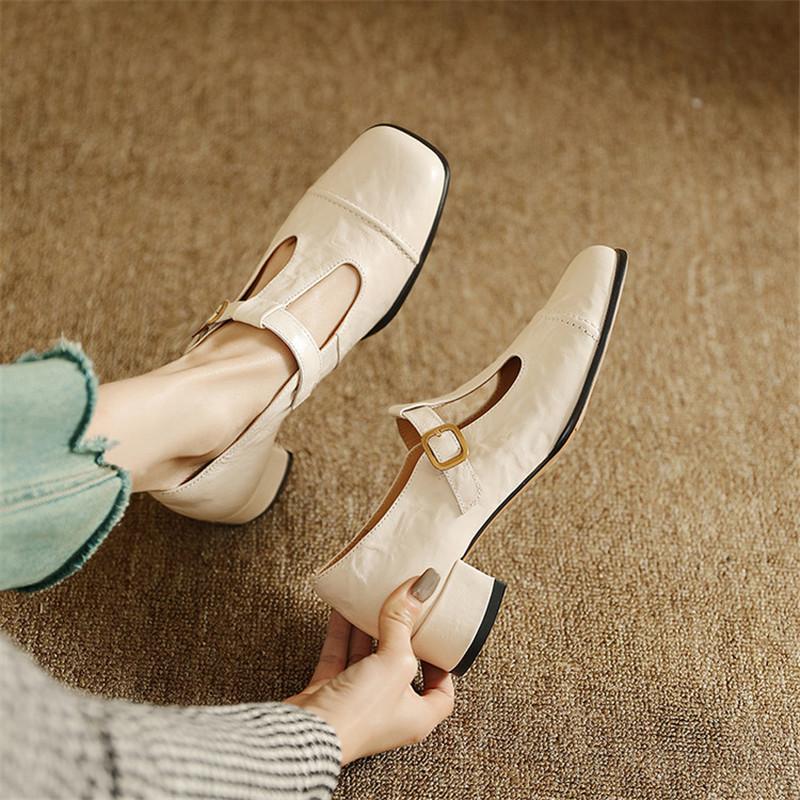 Fashion New Spring/summer Mary Jane Shoes Genuine Leather Shoes for Women Fashion Belt Buckle Round Toe Women Pumps Chunky Heels Shoes