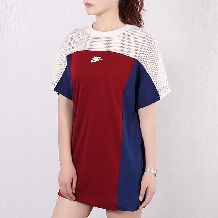 Nike Color Block Round Neck Loose Breathable Short Sleeve Dress Women Dresses Burgundy AR2405-677