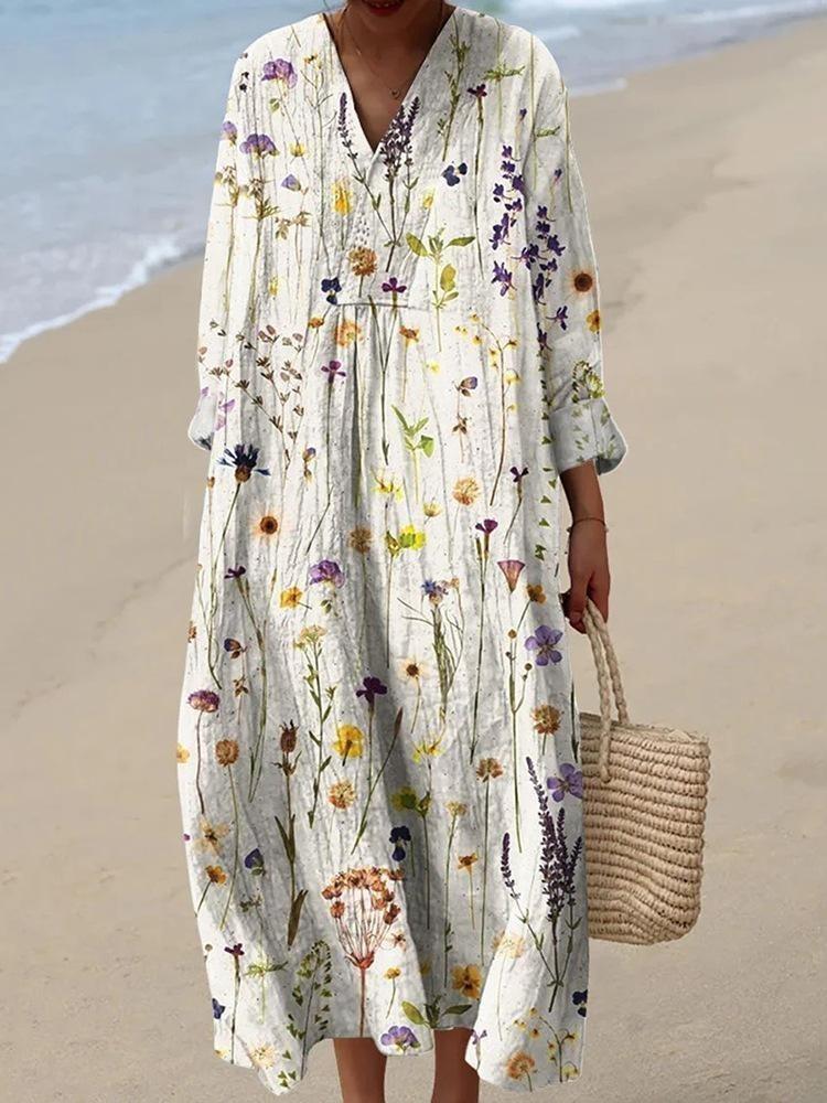 V Neck Short Sleeve Summer Beach Party Dress Loose Floral Print Women Holiday Robe Femme