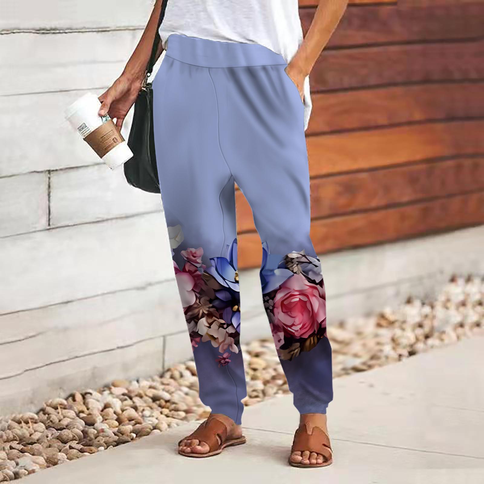 

Женские брюки с 3D разноцветным цветочным принтом, свободные брюки со шнуровкой и эластичным поясом, повседневные длинные брюки с карманами 2XL фиолетовый