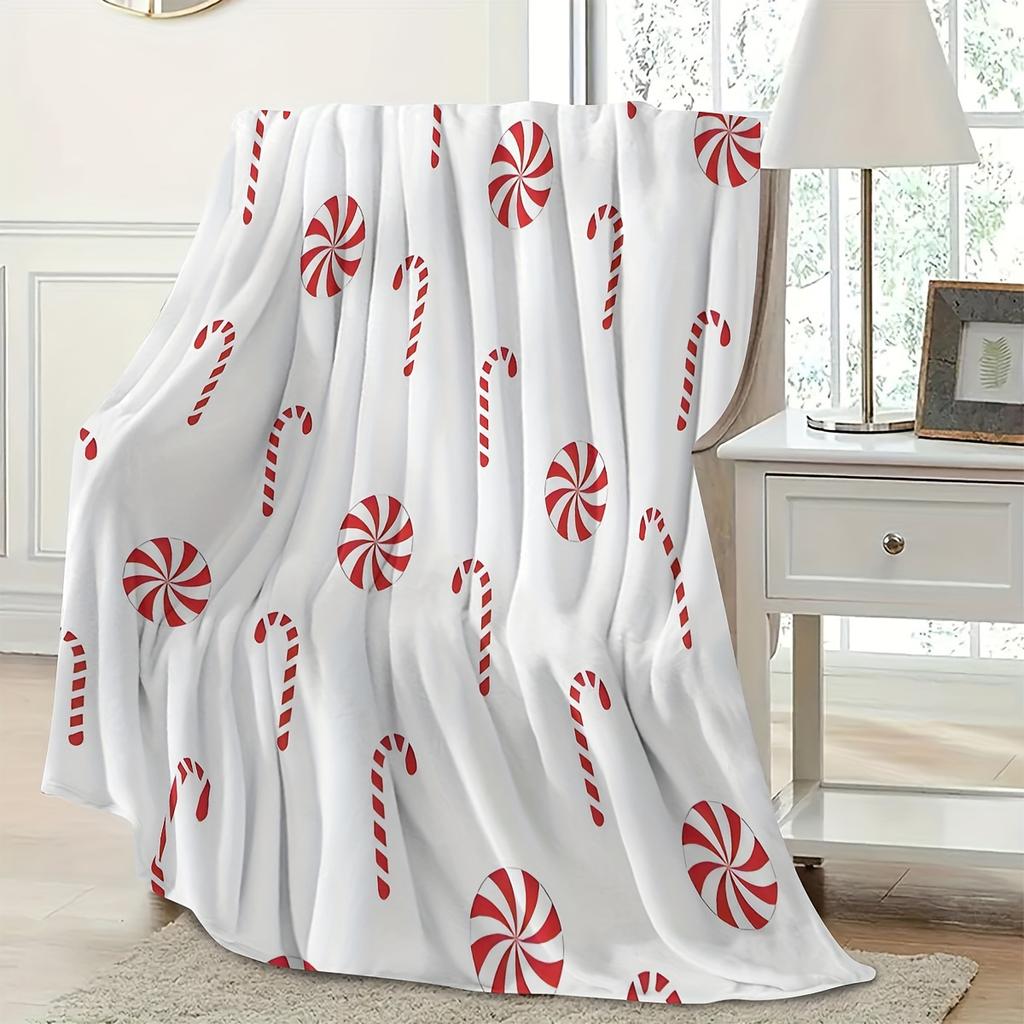 Traditional-Style Christmas Candy Cane Flannel Throw Blanket, 100% Polyester, Digital Print, Stain Resistant, All-Season Cozy Wa