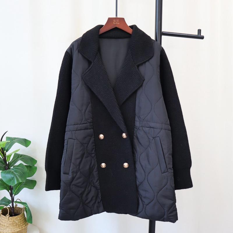 Autumn and winter new thickened medium and long splicing cotton clothes knitted cardigan loose and thin sweater jacket women