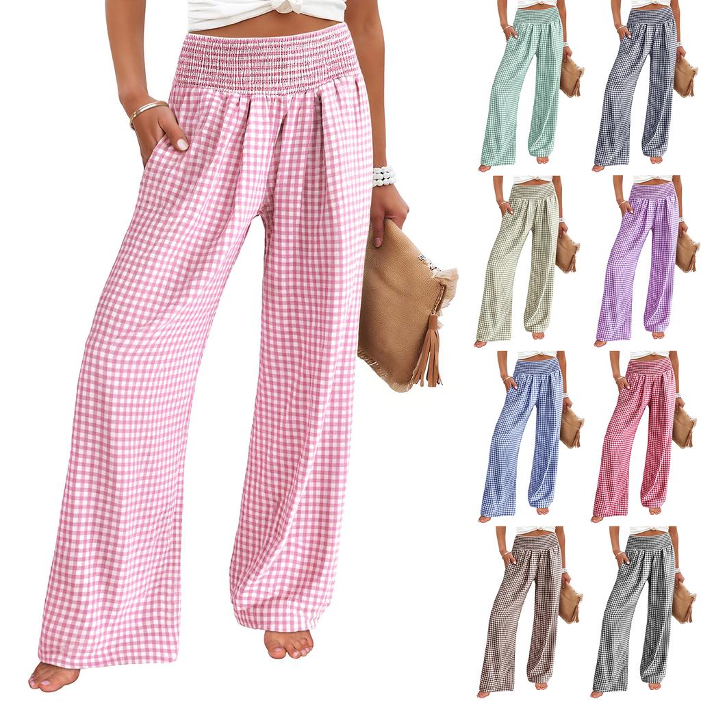 Women's Fashion Loose Pleated Elastic Waistband Pocket Tartan Casual Pants