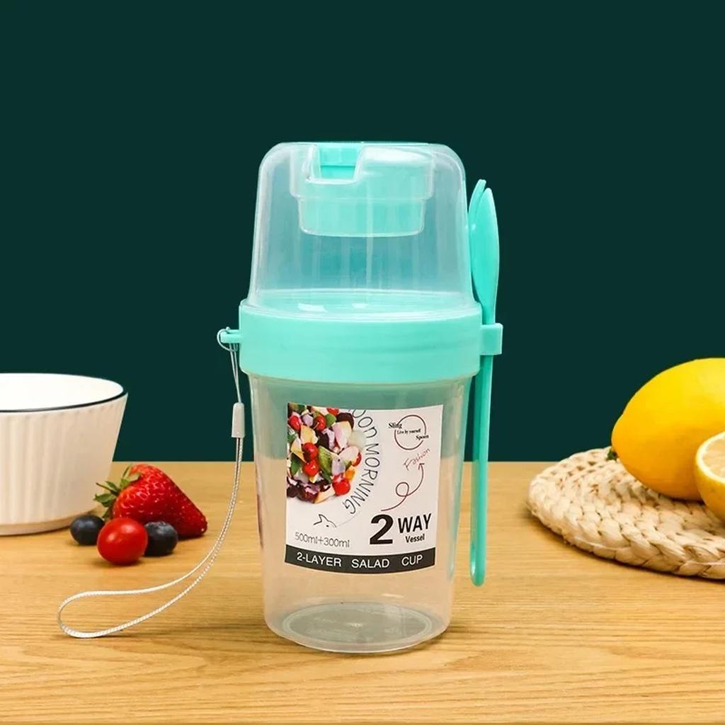 Sallad Havregrynsmugg 500ml+300ml Läcksäkert Lock med Gaffel Sked Handledsrem Bärbar Bento Matlåda för Kontor Gym Resa
