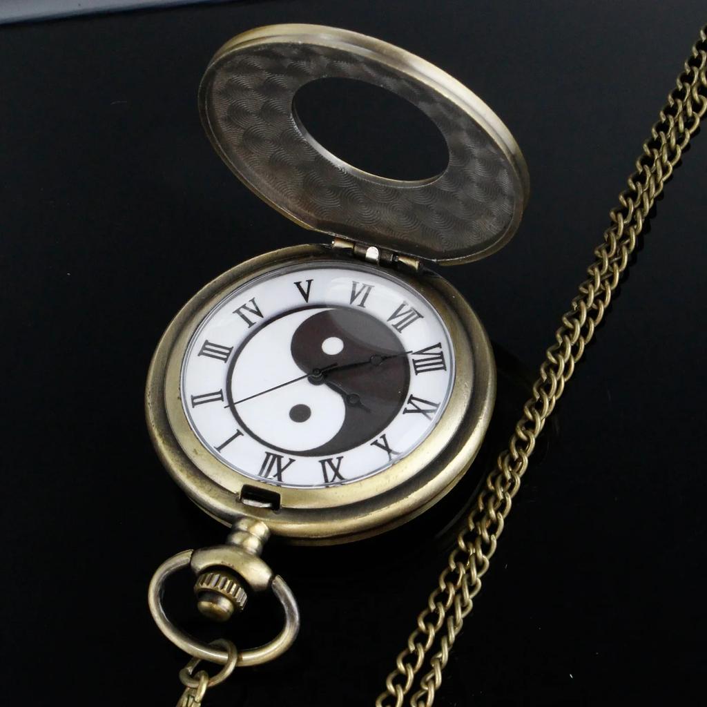 10pcs/lot Wholesale New Chinese Yin Yang Taiji Black White Quartz Pocket Watch Retro Men and Women Necklace Pendant Clock Gift