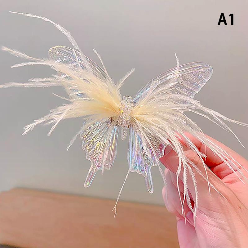 Children Korean Colorful Boutique Feather Butterfly Hair Clip Fairy Beauty Princess Girl Headdress Side Card Accessories