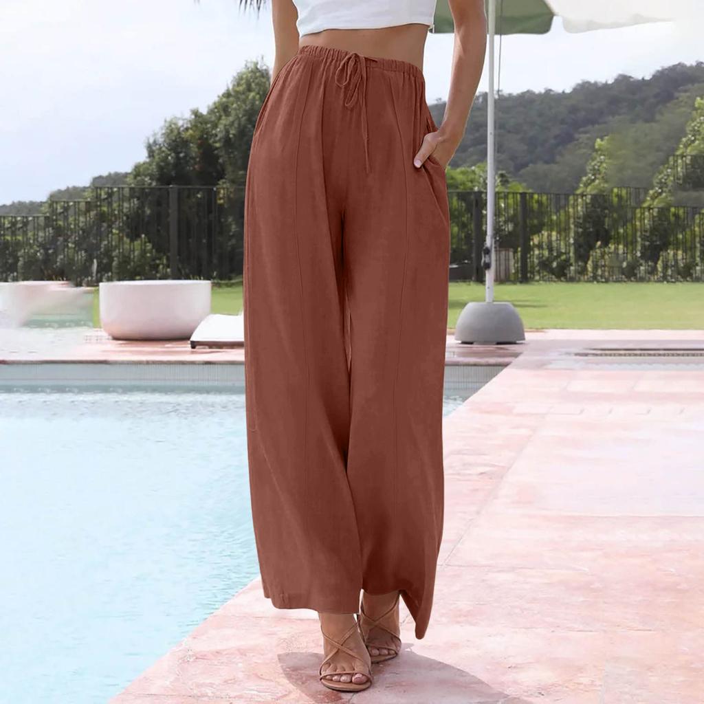 Women's Casual Relaxed Fit High-Waisted Belted Pocket Cotton-Linen Blend Trousers