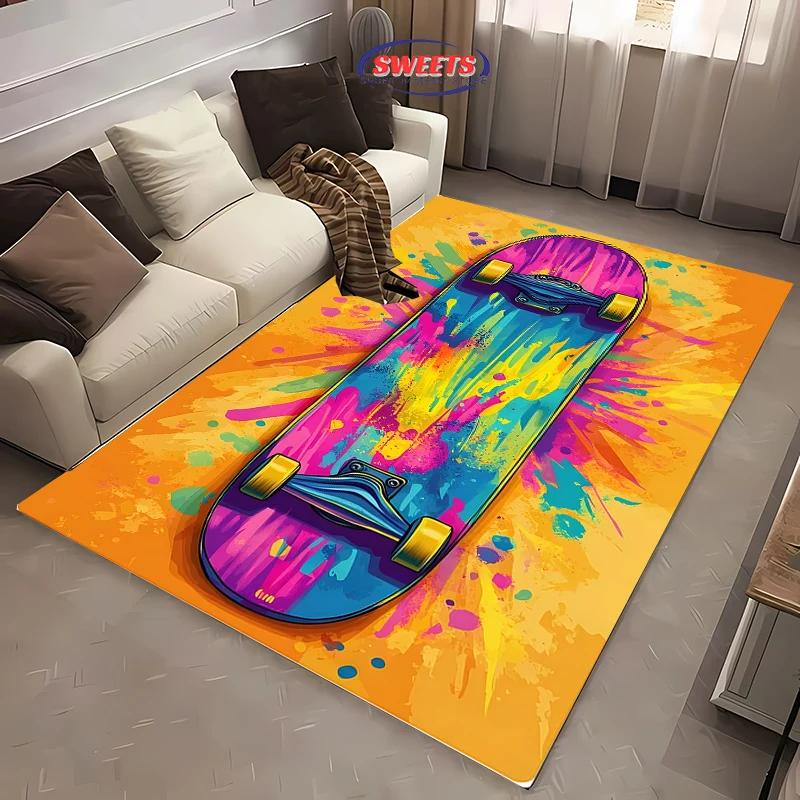 1 Stück Junge Mode Skateboard Print Bereichsteppich, Teppich für Zuhause Wohnzimmer Kinderzimmer Sofa Dekor, Kinder Spiel Rutschfeste Bodenmatte
