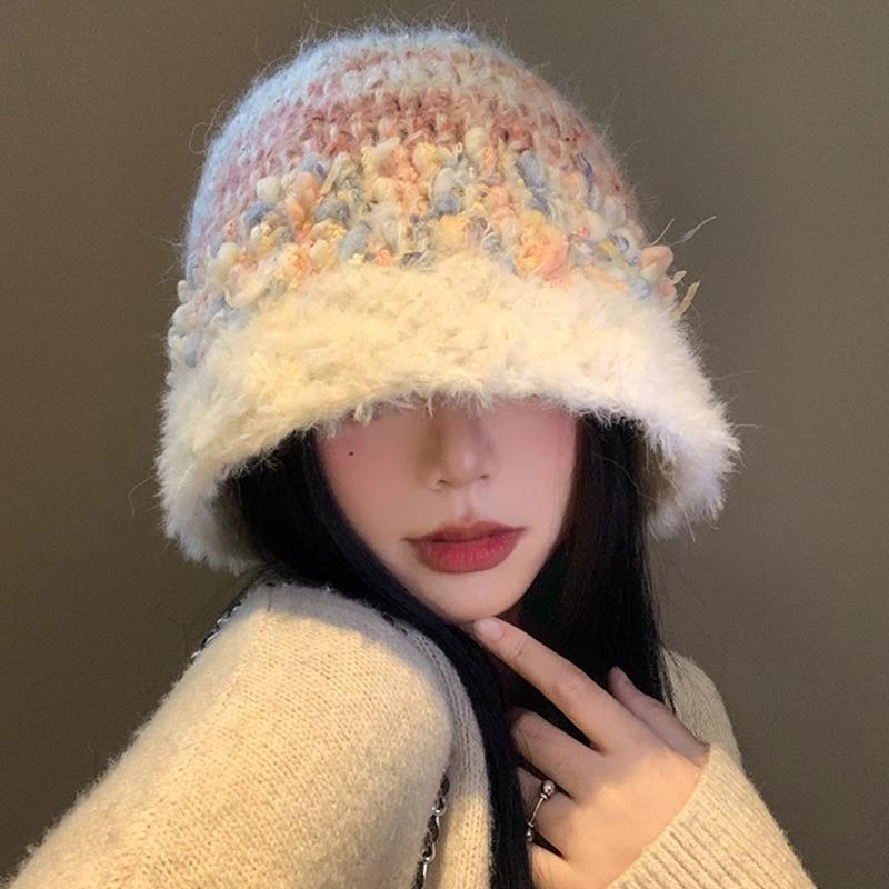 Japanese Plush Knitted Fisherman Hat for Women In Autumn and Winter Korean Style Face Showing Small Bucket Hat Warm and Cold Proof Woolen Hat Trendy
